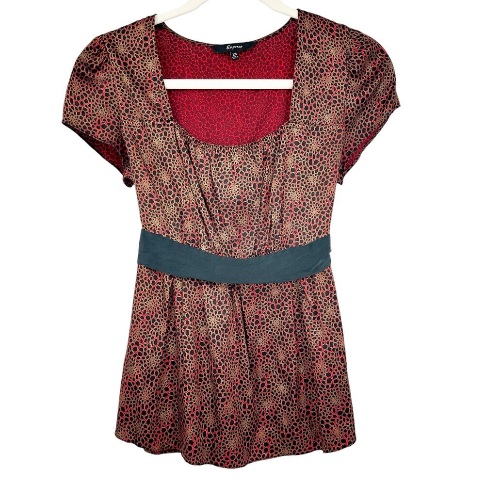 Express Womens Y2K Silk Blend Animal Print Square Neck Babydoll Blouse Size XS